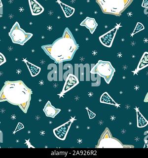 Cute Fox, Weihnachtsbaum, Schnee, Sterne, handgezeichnete Hintergrund. Pastellfarben nahtlose Muster mit Tier. Cute Tapeten, für den Druck. Volkskunst Hintergrund, Vektor, Abbildung. Frohes neues Jahr. Winter Stock Vektor