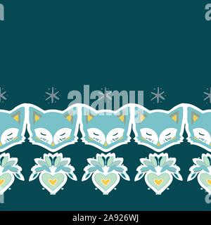 Cute Fox, Stern, Herz, Hand gezeichnet Hintergrund. Pastellfarben nahtlose Grenze mit Tier. Cute Tapeten, für den Druck. Volkskunst Hintergrund, Illustration. Frohes neues Jahr. Winter Stock Vektor