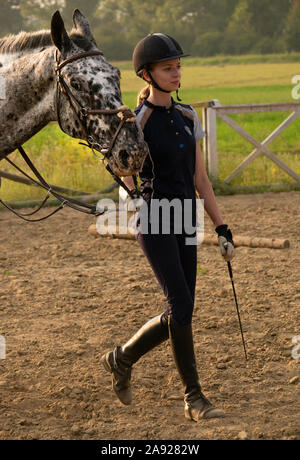 Schöne Mädchen Jockey stand neben ihr Pferd Tragen besonderer Uniform auf einen Himmel und grünen Feld Hintergrund auf einen Sonnenuntergang Stockfoto