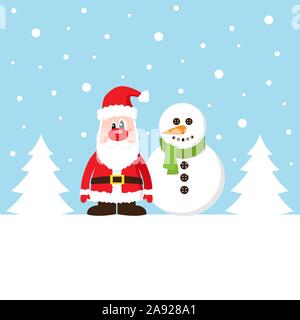Weihnachtskarte mit Weihnachtsmann und Schneemann auf dem Schnee. Stock Vektor