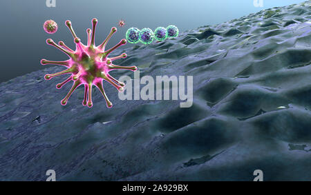 Makrophage tötet Viren, gerenderten 3d-Makrophagen und Virus, im menschlichen Körper, Medizinische video Hintergrund, Viren im menschlichen Körper Stockfoto