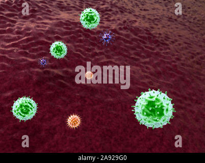 Makrophage tötet Viren, gerenderten 3d-Makrophagen und Virus, im menschlichen Körper, Medizinische video Hintergrund, Viren im menschlichen Körper Stockfoto