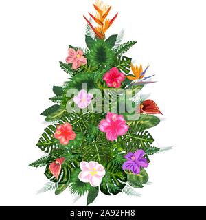 Tropische Weihnachten. Weihnachtsbaum aus tropischen Palmen Blätter und monstera Stock Vektor