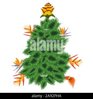 Tropische Weihnachten. Weihnachtsbaum aus tropischen Palmen Blätter und monstera Stock Vektor