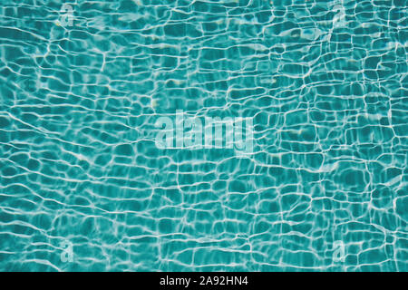 Nahaufnahme des klaren Pool Wasser Oberfläche mit Wellen in trendigen Minze Farbe. Schwimmbad Wasser Textur. Sommer abstrakte Textur Stockfoto