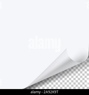 Gewellte Ecke Blatt Papier mit Schatten auf transparenten Hintergrund. Stock Vektor