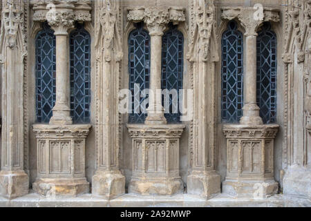 Ein Detail der Fassade der Kathedrale von Exeter in Devon, Großbritannien. Stockfoto