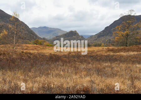 Schloss Crag, Kiefer der Borrowdale, von Derwentwater im Herbst, Cumbria gesehen, Lake District, England, Großbritannien Stockfoto