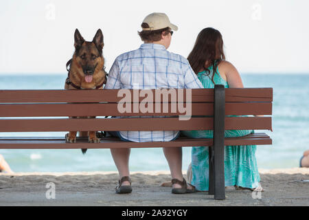 Junges Paar mit Sehbehinderungen und einem Servicehund im Sitzen Auf einer Bank Stockfoto