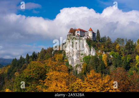 Schloss Bled mit Herbstlaub mit Blick auf den Bleder See, Slowenien, Europa. Stockfoto