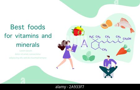 Vector illustration with people, healthy foods rich in vitamins. Healthy lifestyle, proper nutrition,  diet concept. Vitamin A sources. Design for app Stock Vektor
