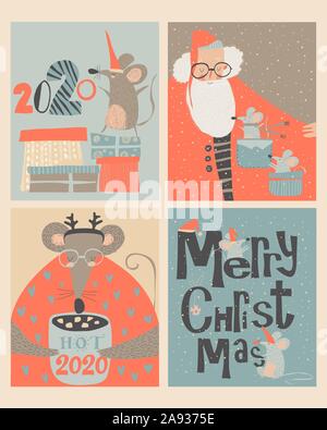 Satz von Weihnachtskarten mit niedlichen Maus und Santa Claus Stock Vektor
