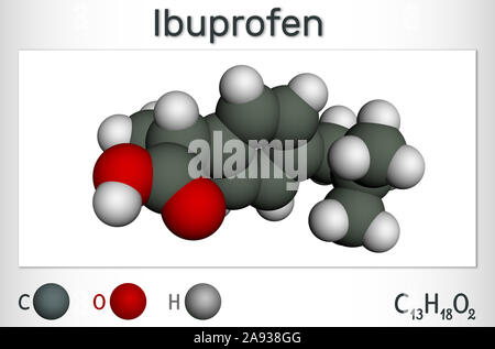 Ibuprofen Molekül, ist ein nicht-steroidales NSAID Droge. Molekülmodell. 3D-Rendering Stockfoto