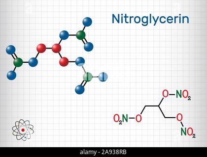 Nitroglyzerin, Glyceryl trinitrate, Nitro Molekül, ist Droge und explosiv. Strukturelle chemische Formel und Molekül-Modell. Blatt Papier in einem Käfig. V Stock Vektor