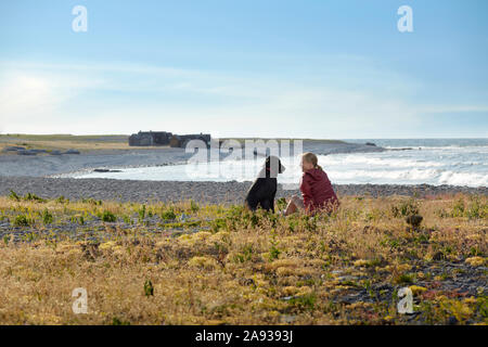 Frau mit Hund am Meer sitzen Stockfoto