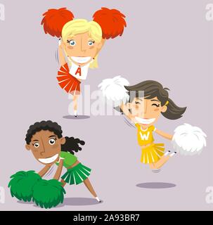 Glücklich lächelnde Cheerleader Springen mit Pom Pom, Vector Illustration Cartoon. Stock Vektor