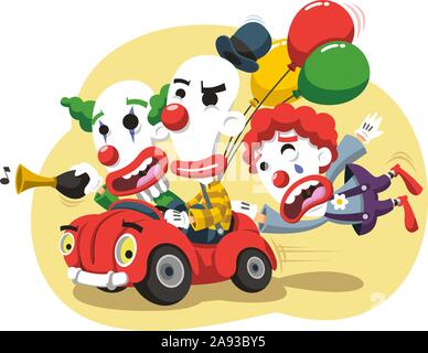 Zirkus Clown Leistung im Auto mit Ballons und Horn vektor Cartoon Illustration Stock Vektor