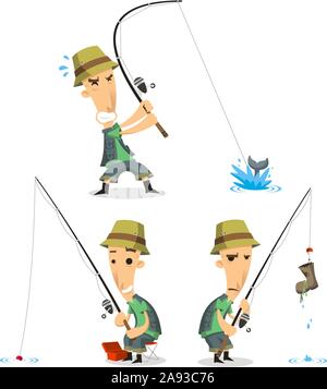 Fischer mit Angelausrüstung, Vector Illustration Cartoon. Stock Vektor