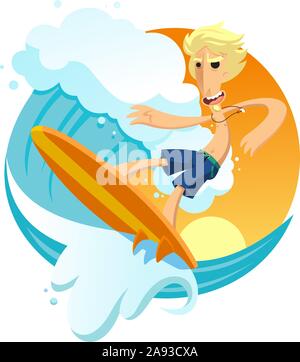 Surfer reiten Wave mit Surfbrett in den Strand, Vector Illustration Cartoon. Stock Vektor