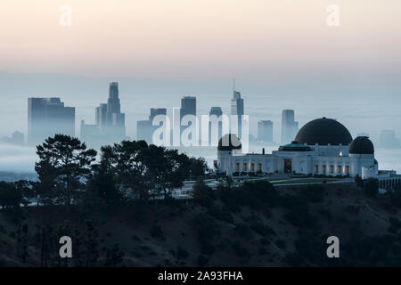 Los Angeles, Kalifornien, USA - 10. November 2019: Nebel am frühen Morgen Blick auf die Innenstadt von Los Angeles und das Griffith Park Observatorium. Stockfoto