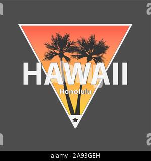 Hawaii Honolulu t-shirt und Kleid Design mit groben Palm Tree, Vector Illustration, Typografie, Print, Logo, Plakat. Globale Muster. Stock Vektor