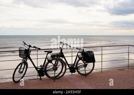 Ein Paar Fahrräder parkten zusammen vor einem Küstenblick Stockfoto