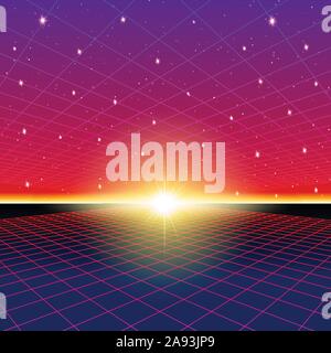 Retro neon Hintergrund mit 80s Laser Raster und Sterne Stil Stock Vektor