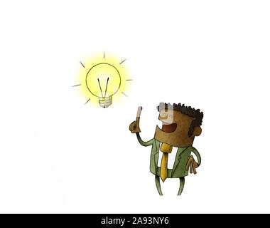 Lustige Abbildung: ein schwarzer Mann, hat eine leuchtende Lampe über seinem Kopf. Kreativität Konzept. Isoliert