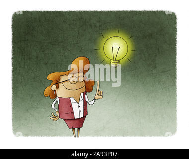 Abbildung: Eine Geschäftsfrau, die leuchtet eine Lampe über seinem Kopf. Kreativität Konzept.