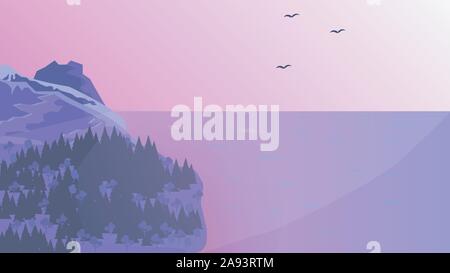 Sonnenaufgang in den Bergen, in lila Tönen. Vektor Stock Vektor