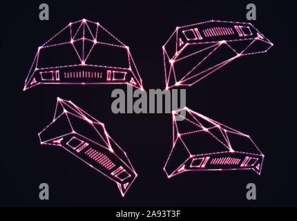 Neon Raumschiffen, gegen die Invasoren oder verteidigen Kämpfer mit 80s Retro Arcade Spiel Stil und Laser geometrische Kontur festlegen Stock Vektor