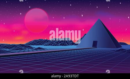 Alte geheimnisvolle Pyramide in 80 s neon Landschaft mit violetten Himmel und blaue Berge in retrowave gestylt, synthwave Grafiken Stock Vektor