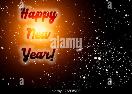 Weihnachten Winter Hintergrund mit Schnee, Schneeflocken, xmas orange Twinkle und Text ein Frohes Neues Jahr. Stockfoto
