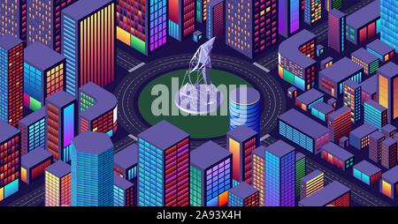 Hintergrund mit Blick auf die Stadt mit isometrischen Perspektive und lebendige Neon Farben Stock Vektor