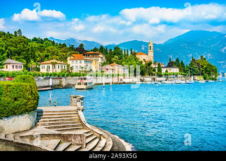 Tremezzo Tremezzina in Como Lake District. Traditionellen italienischen See mit Blick auf das Dorf und Treppen. Italien, Europa. Stockfoto