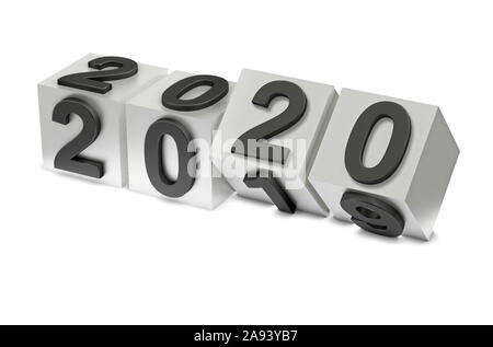 Abstraktion des neuen Jahres. 2020 schwarz Anzahl Flips auf Würfel. 3D-Rendering Stockfoto