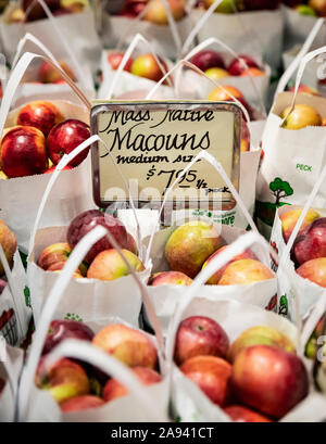 Frische Äpfel zum Verkauf an einen Bauernmarkt, Massachusetts, USA. Stockfoto