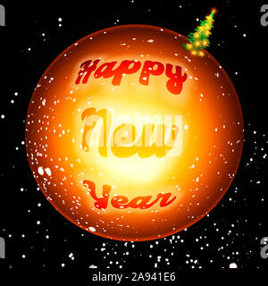Weihnachten Winter Hintergrund mit Schnee, orange Christmas Ball mit Text ein Frohes Neues Jahr und kleinen Weihnachtsbaum auf. Stockfoto