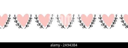 Doodle Herzen nahtlose Vektor Grenze Hand gezeichnet. Rosa herzen Formen zwischen Blatt Filialen. Verwenden Sie für Valentines Tag, Karte Dekoration, fabric Ribbon Stock Vektor