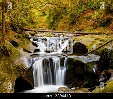 Cliff Falls, zahlreiche Wasserfälle, die über gestufte Pools und Felsvorsprünge fließen; Maple Ridge, British Columbia, Kanada Stockfoto