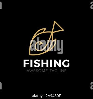 Große Fische fangen Vektor logo Vorlage. Fishing Club oder der Fischer und der Fischereiindustrie isolierte Symbol oder Zeichen von Thunfisch oder Lachs Fisch auf der Stange hängen. Stock Vektor
