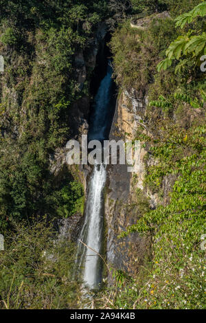 Das Cascada de Texolo Wasserfall durch den Dschungel in Xico, Veracruz, Mexiko schneiden. Die 80 Fuß hohen Wasserfall war im Film Romancing der Stein verwendet. Stockfoto