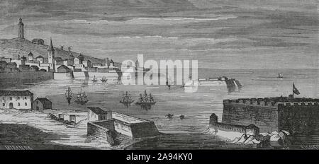 España. Galizien. Vista de la Ciudad de la Coruña y el Castillo de San Antón. Dibujo por F. Miranda. Grabado por Ricord. Crónica de España, Historia y Ilustrada Descriptiva de Sus Provincias. Galizien, 1866. Biblioteca Histórico Militar de Barcelona. Stockfoto