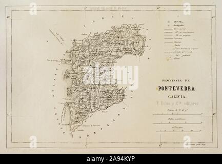 España. Galizien. Mapa de la Provincia de Pontevedra. Crónica de España, Historia y Ilustrada Descriptiva de Sus Provincias. Galizien, 1866. Biblioteca Histórico Militar de Barcelona, Cataluña, Spanien. Stockfoto