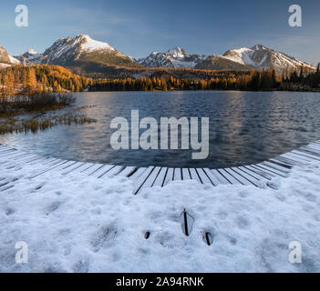 Panorama der hohen Auflösung Bergsee Strbske Pleso in der Slowakei, See im Winter Landschaft Stockfoto