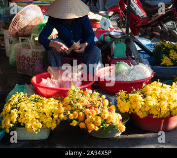 Vietnamesin zählen Geld während der Verkauf von Gold und Gelb chrysantemums und Sojasprossen im freien Markt in Hoi an Vietnam. Stockfoto