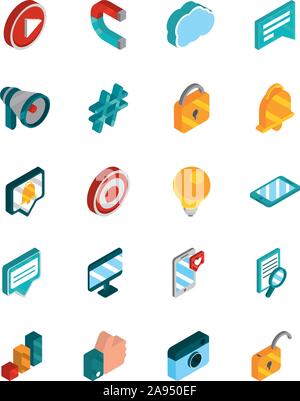 Social Media isometrische Icons collection Vector Illustration Stock Vektor