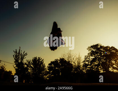 Junge akrobatische Kerl, Parkour Workout an der Skate Spielplatz Stockfoto