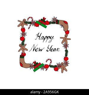 Frohes Neues Jahr frame Vorlage. Hand Skizzen auf weißem Hintergrund. Vorlage kann für Weihnachten und Neujahr Grußkarten, Poster, Flyer, Banner, Logo etc. Vector Illustration. EPS 10. Stock Vektor
