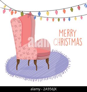 Frohe Weihnachten Feier rosa sofa Möbel Beleuchtung Dekoration Vector Illustration Stock Vektor